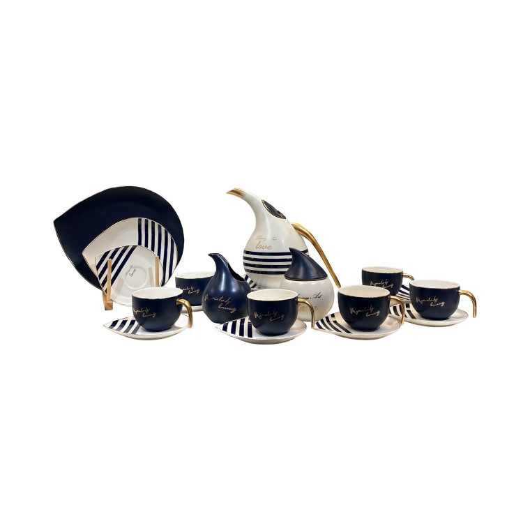 22‑Piece Luxury Navy & Gold Porcelain Tea Set – Cups, Saucers, Teapot & Plates
