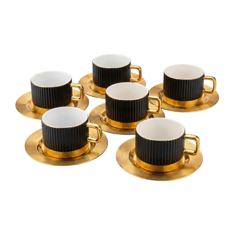 12‑Piece Black Ribbed Porcelain Cup & Gold Saucer Set – Luxury Edition