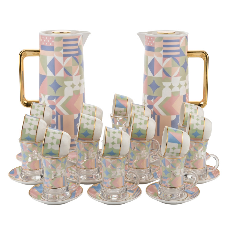38‑Piece Tea & Coffee Serving Set – 2 Thermoses, 12 Coffee Cups, 12 Tea Cups & 12 Saucers with Multicolor Geometric Pattern