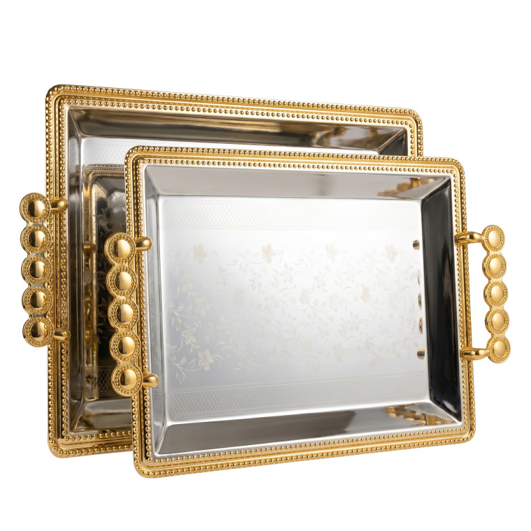 Rectangular Luxury Tray Set – 2‑Piece Silver Engraved Trays with Gold Chain‑Style Handles & Ornate Trim