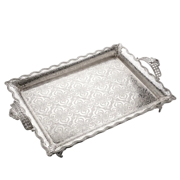 Premium Ornate Silver Rectangular Serving Tray with Filigree Handles and Arabesque Etching