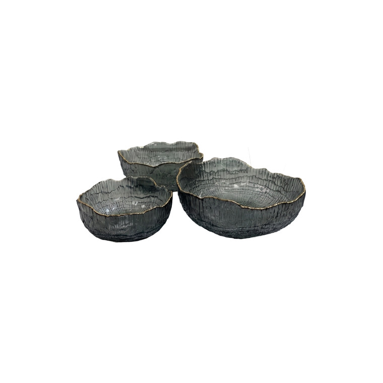 Set of 3 Smoky Grey Textured Glass Bowls – Gold‑Rimmed Decorative Serving Set