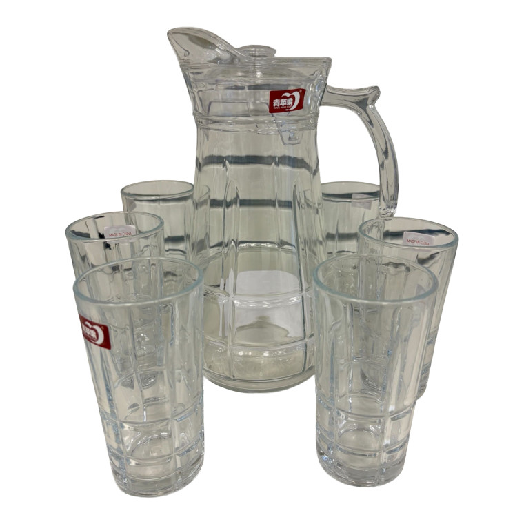 Vertical‑Line Glass Pitcher Set with 6 Matching Tumblers – Classic Everyday Drinkware