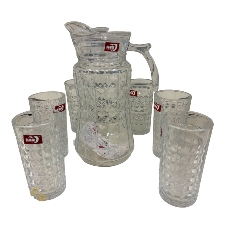 Diamond‑Cut Glass Pitcher Set with 6 Matching Tumblers – Premium Drinkware Collection