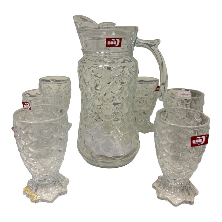 Scalloped Glass Pitcher Set with 6 Matching Cups – Elegant Textured Drinkware
