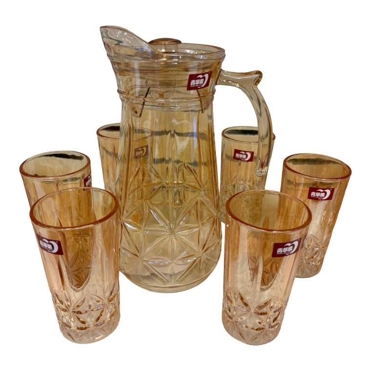 Amber Diamond‑Cut Glass Pitcher Set with 6 Matching Tumblers – Elegant Drinkware Collection