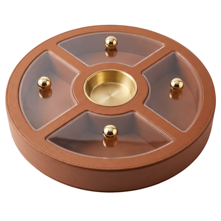 Round Brown Organizer Tray with Transparent Lid – 4 Compartments & Central Gold Bowl