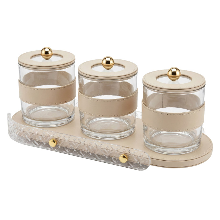 3‑Piece Glass Storage Jar Set – Beige Leather‑Wrapped Jars with Gold Knobs on Decorative Tray