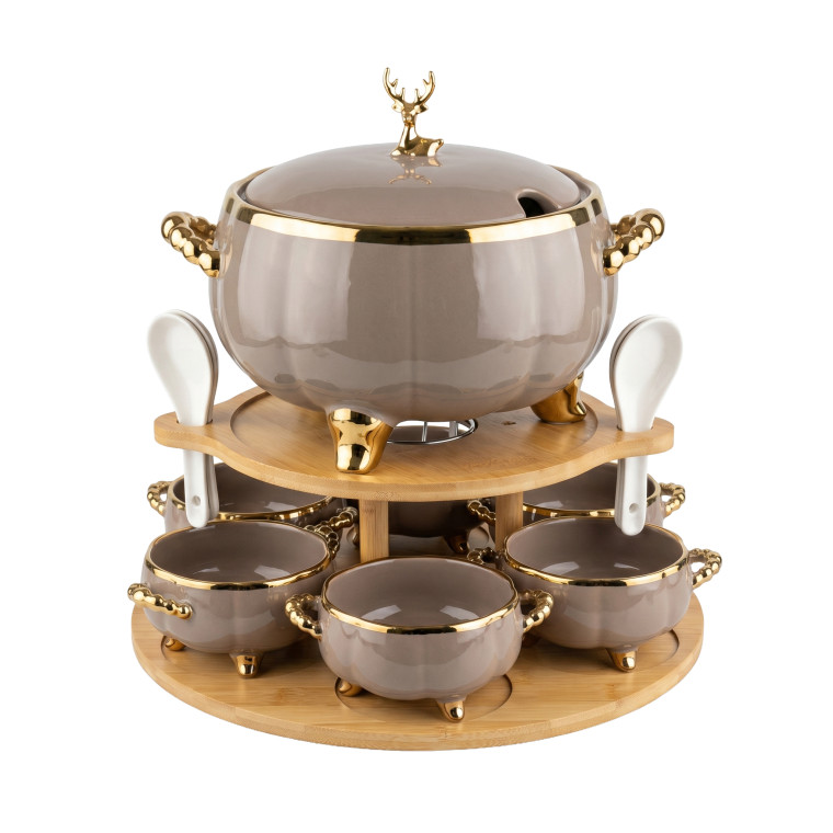 Premium Taupe and Gold Scalloped Ceramic Soup Tureen Set with Reindeer Finial and Bamboo Stand
