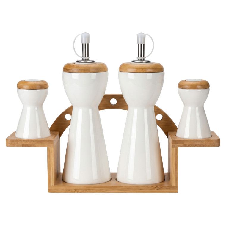 Premium 5-Piece White Ceramic and Bamboo Cruet Set with Arched Display Stand