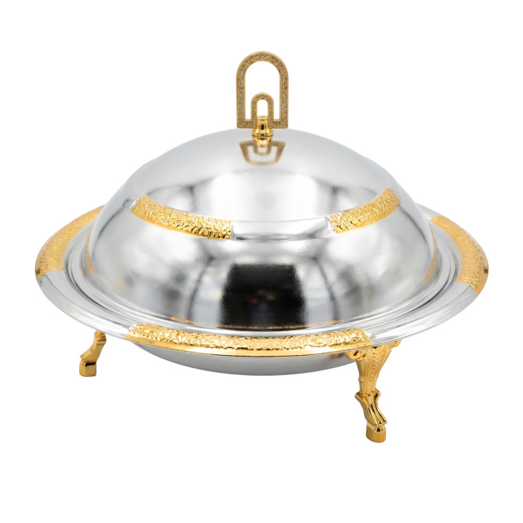 Silver & Gold Dome Serving Dish with Ornate Handle and Decorative Stand