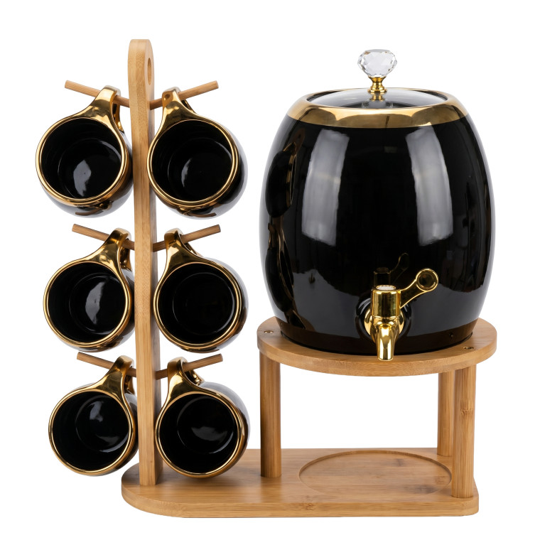 Black & Gold Beverage Dispenser Set with Wooden Stand and 6 Matching Cups