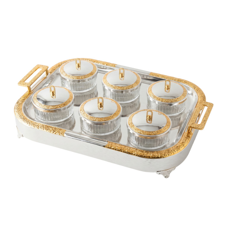 Gold‑Trimmed 6‑Jar Serving Tray Set with Lidded Containers & Decorative Handles