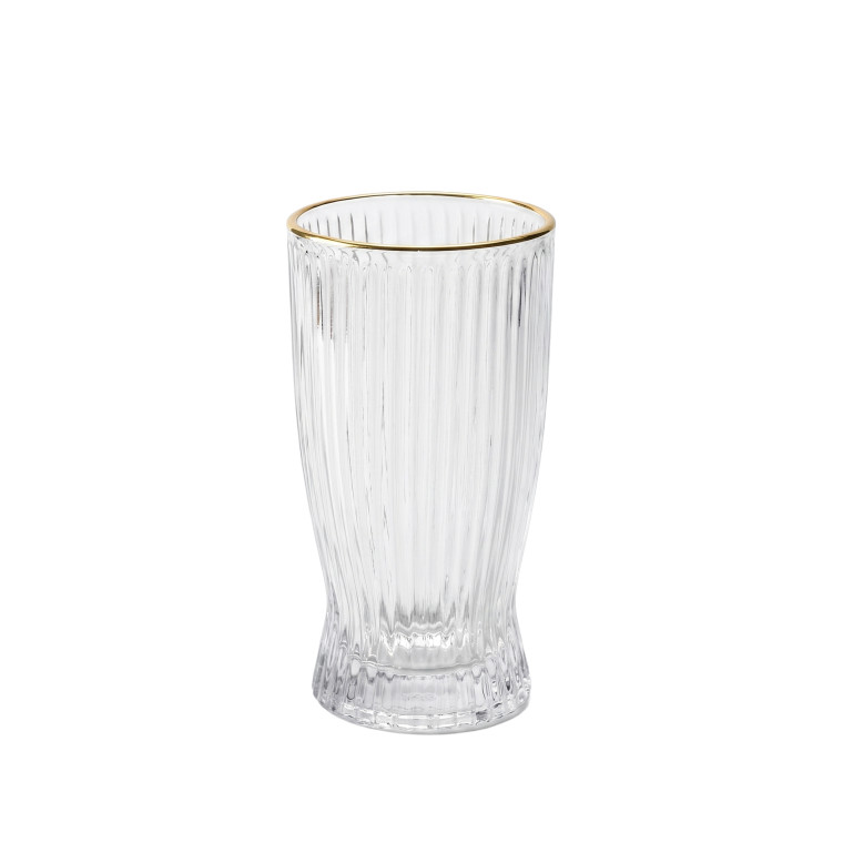 6 Clear Glass Cup with Vertical Ridges & Gold Rim – Elegant Drinkware