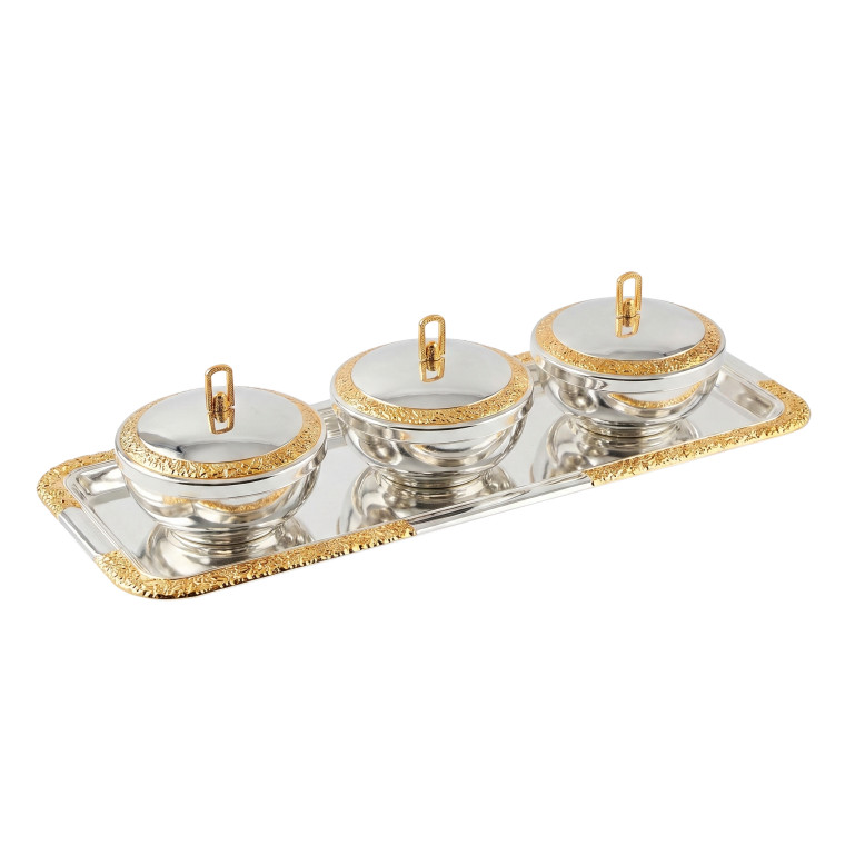 Gold‑Trimmed 3‑Piece Serving Bowl Set with Lidded Containers & Decorative Tray
