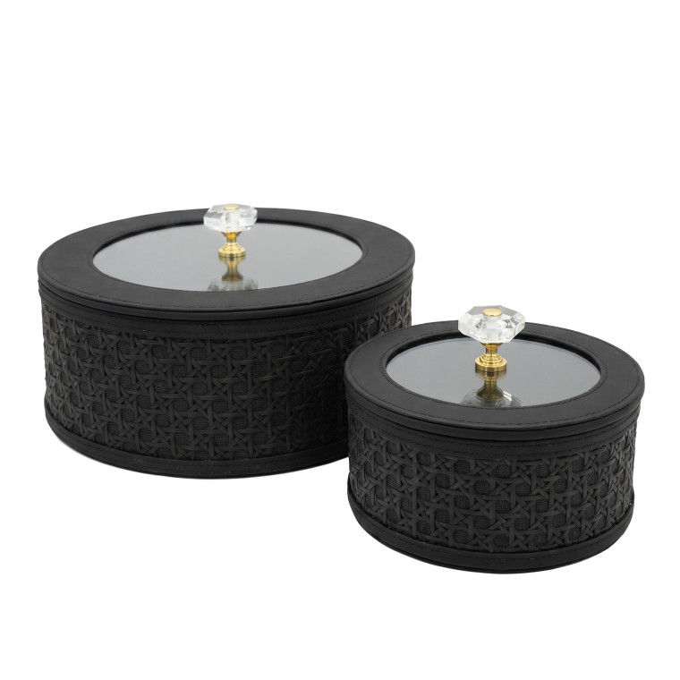 2‑Piece Black Woven Storage Box Set with Glass Lids & Gold Crystal Handles (Large + Small)