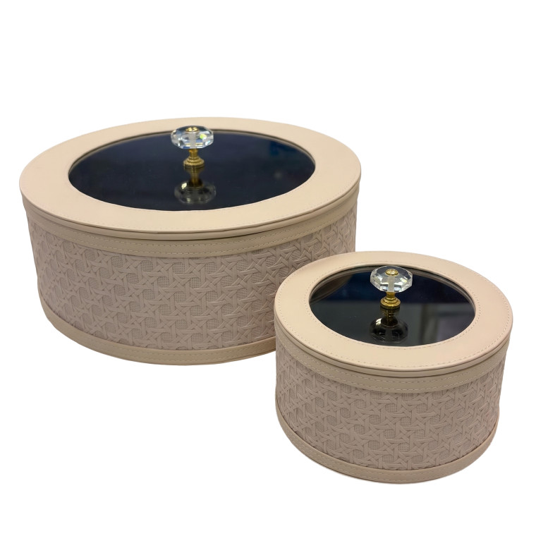 2‑Piece Beige Woven Storage Box Set with Dark Glass Lids & Gold Crystal Handles