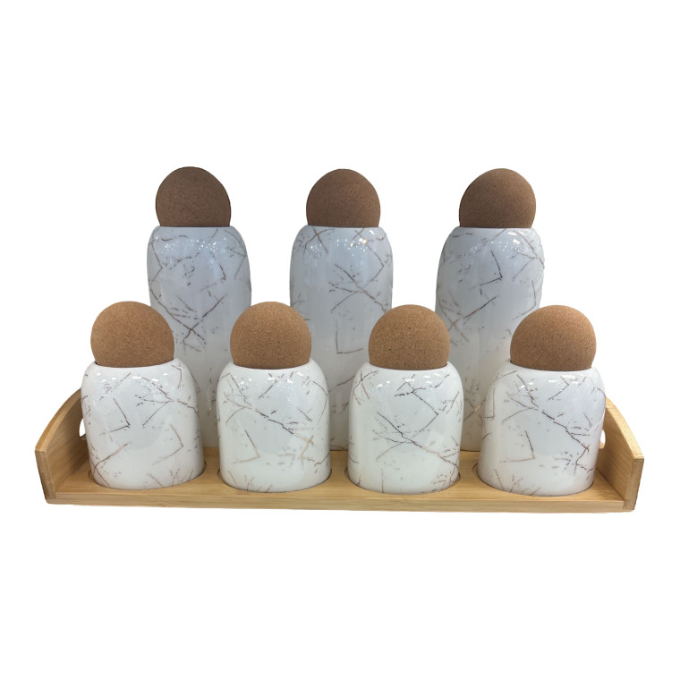 7‑Piece White Marble Storage & Serving Container Set with Cork Lids on Wooden Tray