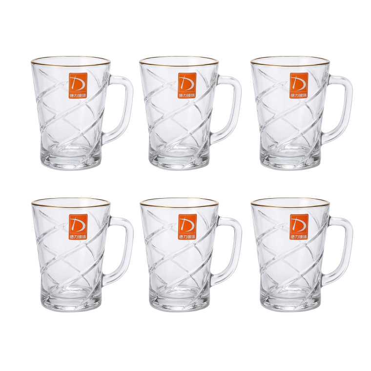 6‑Piece Clear Spiral Glass Mug Set with Gold‑Trimmed Rim – Heat‑Resistant Drinkware