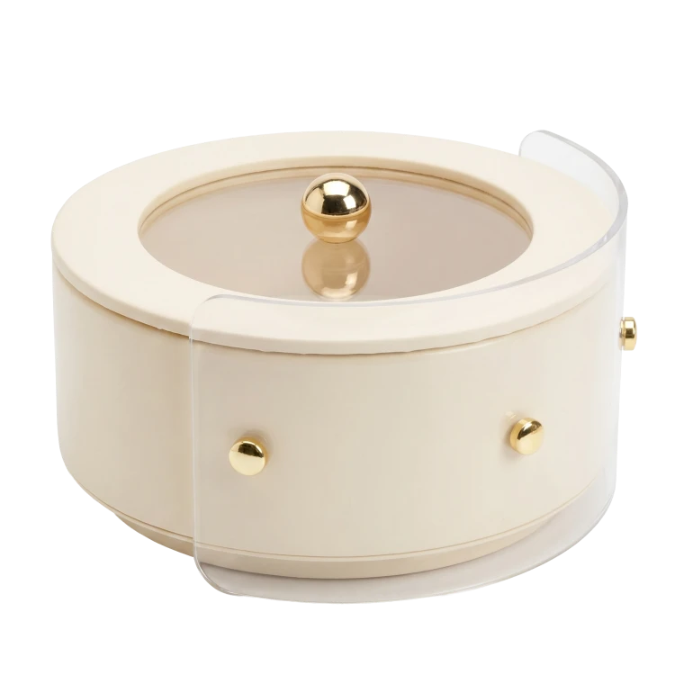 Modern Beige Cylindrical Storage Container with Clear Shield & Gold Sphere Handle
