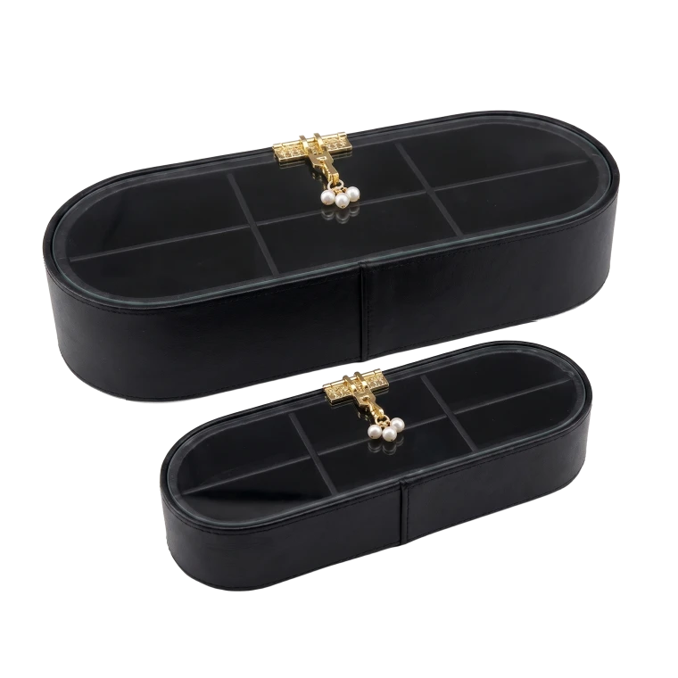 2‑Piece Black Oval Storage Box Set with Clear Lid & Gold Pearl Handle (Large + Small)