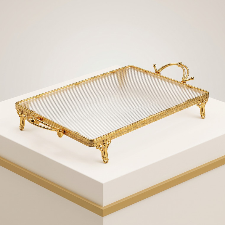 The Royal Fluted Glass & Gold Footed Serving Tray