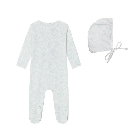 MIini Label Blue Bird Toile Print Footie And Bonnet