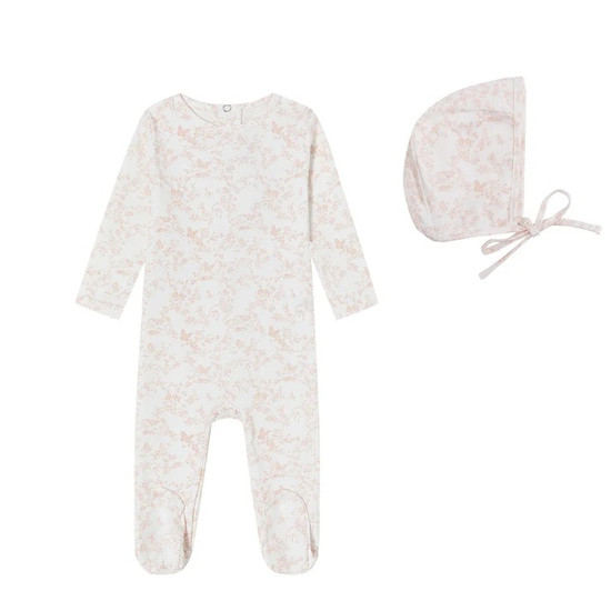 Mini Label Pink Toile Butterfly Footie And Bonnet