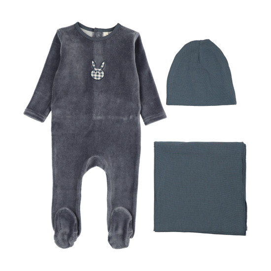 Lil Legs Velour Gingham Bunny Layette Set- Off Navy