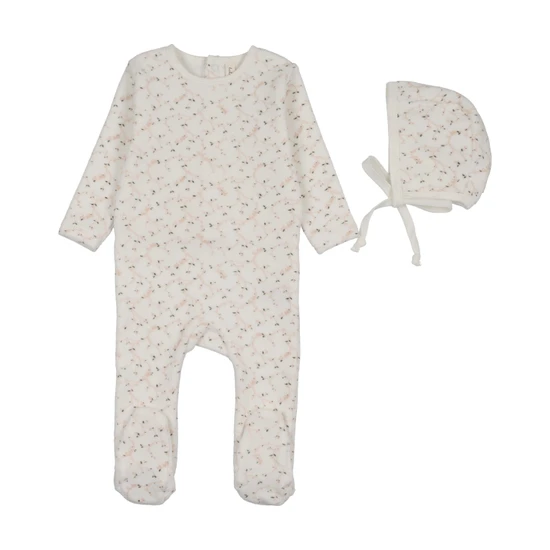 Lil Legs Branch Velour Footie Set- Cream/Pink