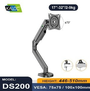 KALOC DS200B Adjustable, ergonomic Single Monitor Arm with Gas Spring, USB Port & Cable Management for 17-32 inch Screens