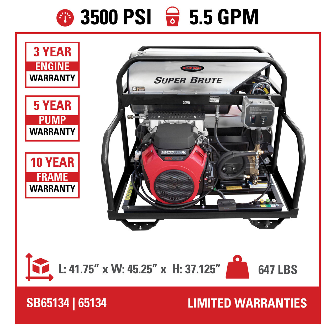 Simpson SB65134 Super Brute 3500 PSI 5.5 GPM (Gas - Hot Water