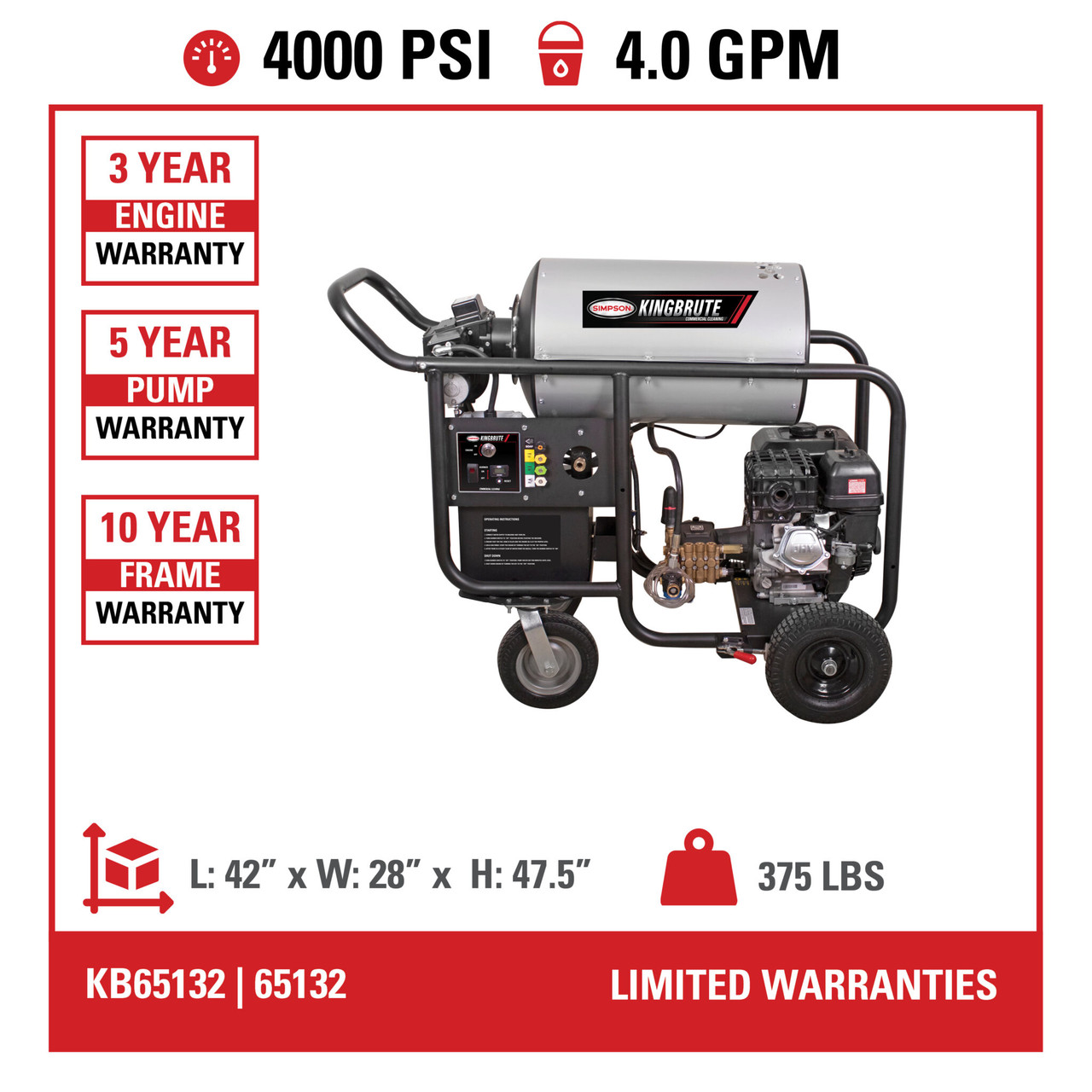 Simpson KB65132 King Brute 4000 PSI 4.0 GPM (Gas - Hot Water