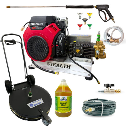 Stealth 8 GPM 4000 PSI Pressure Washer Business Pack - BG2800-HFAL Whisper Wash 28-inch Big Guy Professinonal Commercial Surface Cleaner - Stealth 8 GPM 4000 PSI Commercial Pressure Washer - Stealth Lemon Blast Pressure and Soft Washing Surfactant Soap - 50-foot Stealth JetWash 3-8-inch  pressure washing hose 4000 psi - DN10 3-8-in ball valve with quick couplers - Stealth SCI-5-8 5-8 GPM Downstream Chemical Injector Assembly  - 8 GPM 8 orifice quick connect nozzle size 