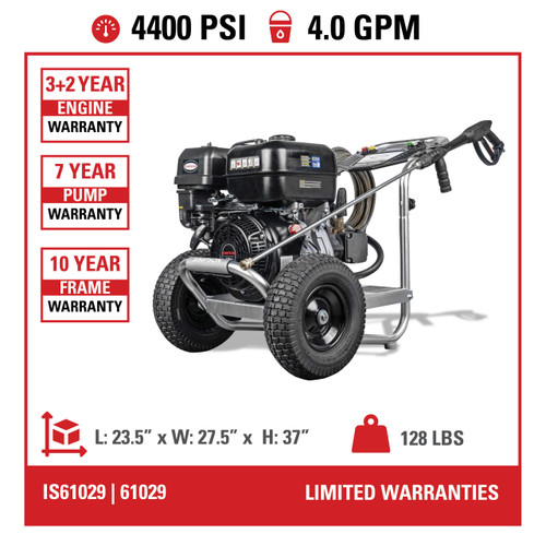 Simpson IS61029 Industrial Series 4400 PSI (Gas - Cold Water) Pressure Washer, AAA Pump, Simpson Engine