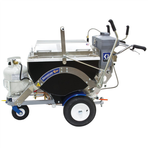 A blue Graco ThermoLazer ProMelt System (Part 24R765) featuring the breakthrough on-board melting technology, a 300 lb material kettle, and an 8-inch SmartDie II for high-production thermoplastic road marking.