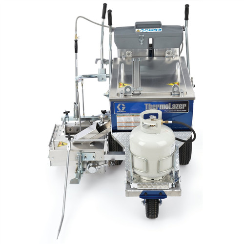 A blue Graco ThermoLazer 300TC Thermoplastic Striping System (Part 258699) featuring a 300 lb material kettle, a 90 lb split bead hopper, and a 4-inch SmartDie II for high-production thermoplastic road marking.