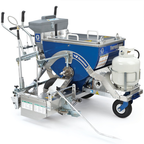 A blue Graco ThermoLazer 300TC Thermoplastic Striping System (Part 258699) featuring a 300 lb material kettle, a 90 lb split bead hopper, and a 4-inch SmartDie II for high-production thermoplastic road marking.