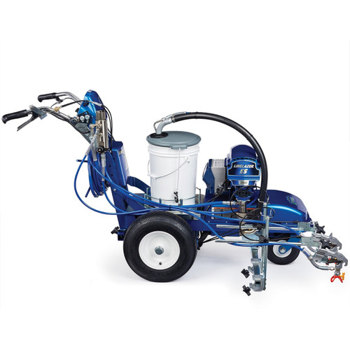 A professional Graco LineLazer V ES 2000 battery-powered line striper. The unit features a blue steel frame, large pneumatic tires, and a white paint hopper. It is equipped with two spray guns mounted on a silver bracket at the front, a digital display between the handlebars, and blue battery compartments. The image includes three views: a primary profile shot and two smaller thumbnails showing different angles.