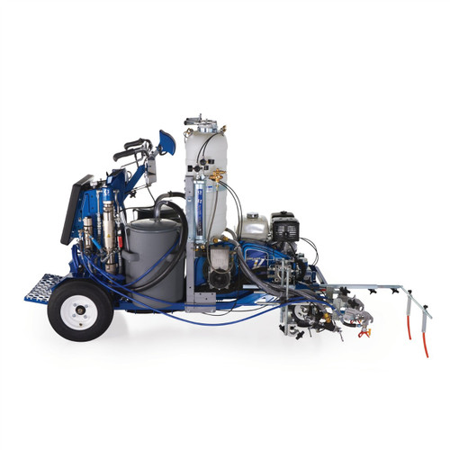 Side profile of a blue Graco 17H473 LineLazer V 250DC HP Reflective self-propelled striper, showing the dual 15-gallon paint hoppers, dual 120 lb pressurized bead tanks, and the Honda GX engine for high-production dual-color road marking.
