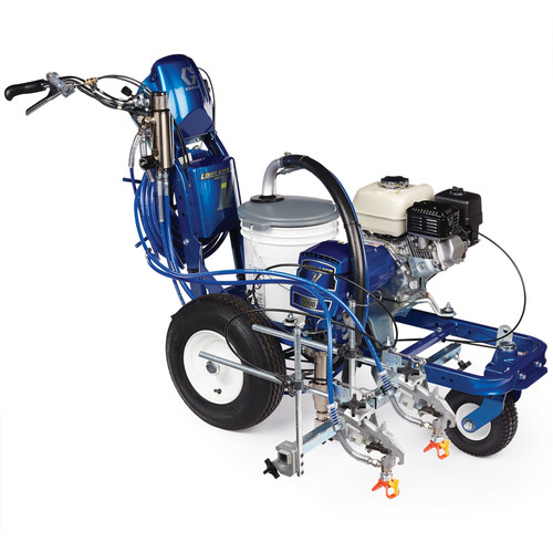 A blue Graco 17H455 LineLazer V 5900 Standard Series gas airless line striper featuring a Honda GX engine, an Endurance Chromex pump, and dual manual spray guns with the EasyMark adjustment system for high-production professional pavement marking.