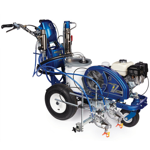 A blue Graco 17H461 LineLazer V 200HS Standard Series gas hydraulic line striper featuring a high-capacity cooling system, Honda GX engine, and dual manual spray guns designed for high-performance marking on airports and large parking lots.