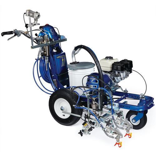 Graco LineLazer V 3900 HP Automatic line marking machine with a blue frame, Honda GX engine, and dual automatic spray guns for professional pavement striping.