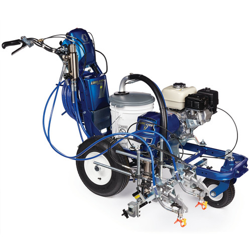 A blue Graco 17H458 LineLazer V 5900 HP Automatic gas airless line striper featuring a Honda GX engine, dual automatic spray guns, and the Auto-Layout II system for high-production professional parking lot and skip-line striping.