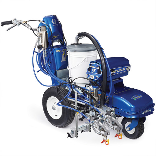 Graco 25U679 LineLazer V ES 2000 HP Automatic electric line striper featuring a blue frame, high-capacity white paint bucket, and dual-gun setup for fume-free indoor and outdoor professional striping.