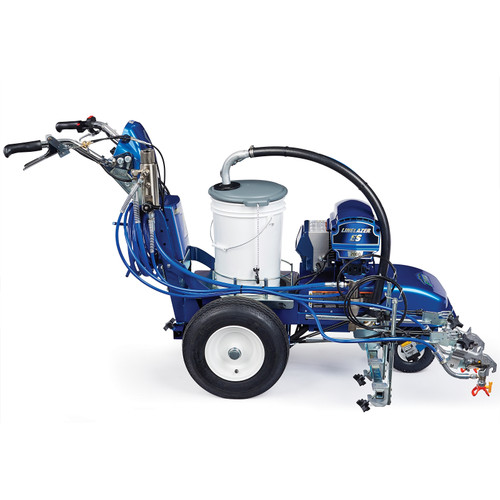Graco 25U679 LineLazer V ES 2000 HP Automatic electric line striper featuring a blue frame, high-capacity white paint bucket, and dual-gun setup for fume-free indoor and outdoor professional striping.