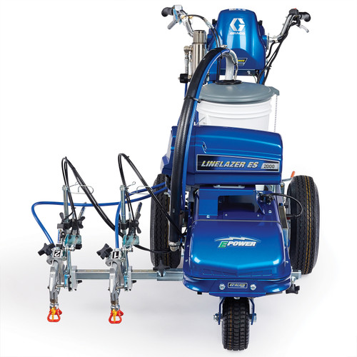 Front view of a blue Graco 25U679 LineLazer V ES 2000 HP Automatic electric striper featuring a dual-gun spray bar, a high-capacity white paint bucket, and a center-mounted LED light for professional indoor and outdoor line marking.