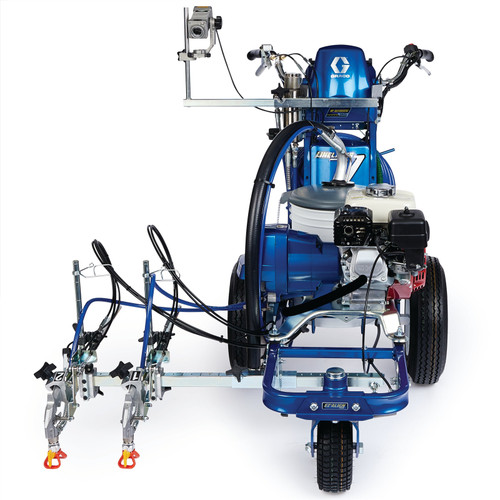 Front view of a blue Graco 17U804 LineLazer V 3900 HP Automatic gas striper showing the Honda engine, high-capacity paint hopper, and the dual-gun spray bar equipped with LazerGuide 2000 for precision laser-guided layout.