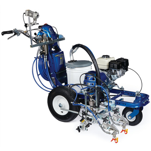 A blue Graco 17U802 LineLazer V 5900 HP Automatic gas airless line striper featuring a Honda GX160 engine, one automatic gun, one manual gun, and the LazerGuide 2000 laser-guided layout system for high-production professional parking lot striping.