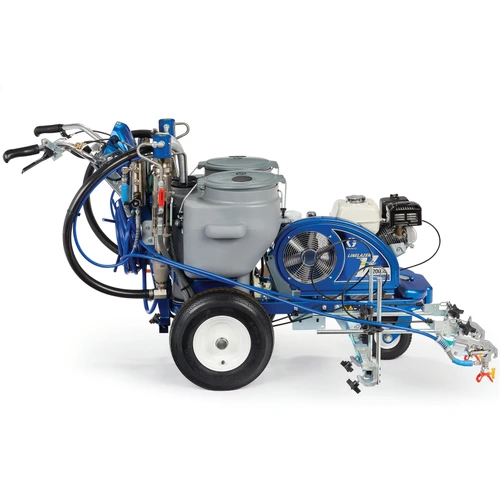 Side profile of a blue Graco 17Y231 LineLazer V 200DC Standard dual-color striper, showing the two 10-gallon paint hoppers, the Honda GX engine, and the heavy-duty frame designed for multi-color professional pavement marking.